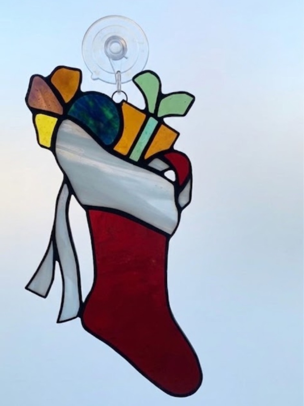 Handcrafted Vintage Stained Glass Christmas Stocking Suncatcher Window Hanging
